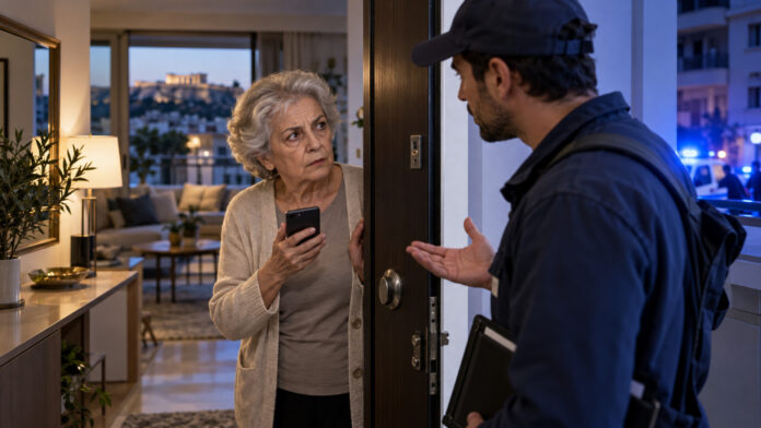 Ηλικιωμένη συνομιλεί επιφυλακτικά από την πόρτα του σπιτιού της με άγνωστο που εμφανίζεται ως τεχνικός
