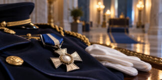 ΕΛ.ΑΣ.: «Αστυνομικός Σταυρός» σε τρεις αστυνομικούς της Άμεσης Δράσης Μετάλλιο σε σκούρα μπλε τελετουργική στολή δίπλα σε λευκά γάντια