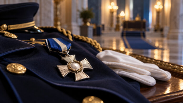Μετάλλιο σε σκούρα μπλε τελετουργική στολή δίπλα σε λευκά γάντια