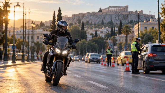 Μοτοσικλετιστής με προστατευτικό κράνος σε έλεγχο οδικής ασφάλειας στην Αθήνα