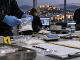 ΕΛ.ΑΣ.: Δύο συλλήψεις για διακίνηση ναρκωτικών σε Ομόνοια και Μεταξουργείο Αστυνομικοί εξετάζουν κατασχεμένα πειστήρια και ηλεκτρονική ζυγαριά σε χώρο ερευνών