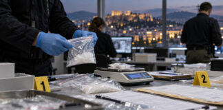 ΕΛ.ΑΣ.: Δύο συλλήψεις για διακίνηση ναρκωτικών σε Ομόνοια και Μεταξουργείο Αστυνομικοί εξετάζουν κατασχεμένα πειστήρια και ηλεκτρονική ζυγαριά σε χώρο ερευνών