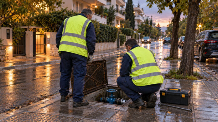 Τεχνικοί ύδρευσης ελέγχουν υπόγεια βάνα σε δρόμο μετά τη βροχή