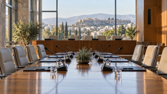 Σύγχρονη αίθουσα συνεδριάσεων με μικρόφωνα και φακέλους πάνω σε ξύλινο τραπέζι