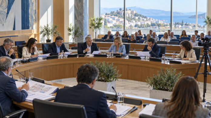 Μέλη δημοτικής επιτροπής εξετάζουν φακέλους σε συνεδρίαση με ζωντανή μετάδοση