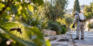Φιλοθέη–Ψυχικό: Έκτακτη εφαρμογή κατά των κουνουπιών 06:00–13:00 Εργαζόμενος δημόσιας υγείας εφαρμόζει στοχευμένη καταπολέμηση κουνουπιών σε φρεάτιο