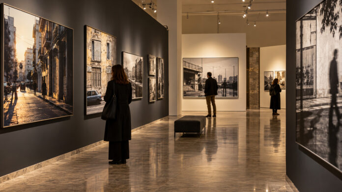 Επισκέπτες παρατηρούν αστικές φωτογραφίες σε φωτισμένη αίθουσα σύγχρονης έκθεσης