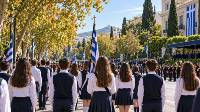 Μαθητές με ελληνικές σημαίες συγκεντρώνονται για την παρέλαση της 28ης Οκτωβρίου