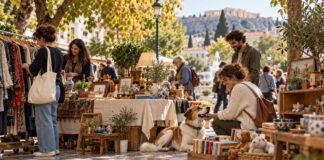 Ψυχικό: Φιλοζωικό bazaar για τα αδέσποτα στην Α΄ Πλατεία Υπαίθριο φιλανθρωπικό bazaar με ρούχα, βιβλία, κεραμικά και έναν σκύλο σε πλατεία