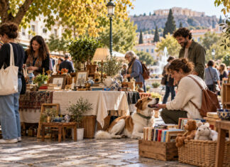 Ψυχικό: Φιλοζωικό bazaar για τα αδέσποτα στην Α΄ Πλατεία Υπαίθριο φιλανθρωπικό bazaar με ρούχα, βιβλία, κεραμικά και έναν σκύλο σε πλατεία