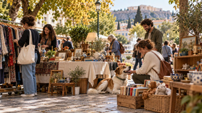 Υπαίθριο φιλανθρωπικό bazaar με ρούχα, βιβλία, κεραμικά και έναν σκύλο σε πλατεία