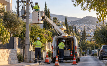 Γαλάτσι: Διακοπή ρεύματος στις οδούς Ιπποκράτους και Πυθαγόρα τη Δευτέρα Συνεργείο ηλεκτροδότησης εργάζεται σε στύλο δικτύου σε κατοικημένο δρόμο