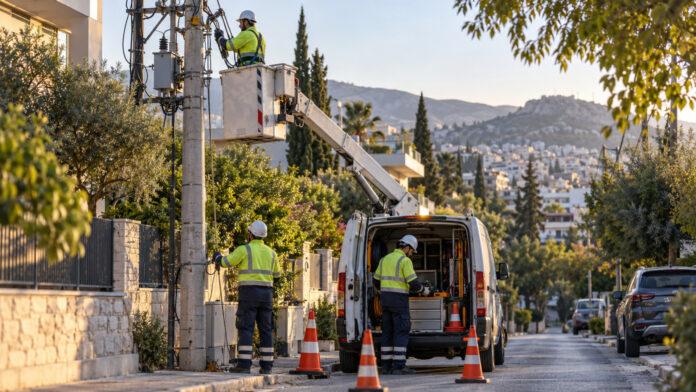 Συνεργείο ηλεκτροδότησης εργάζεται σε στύλο δικτύου σε κατοικημένο δρόμο