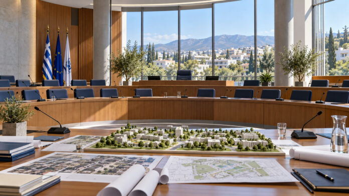 Σύγχρονη αίθουσα δημοτικού συμβουλίου με μικρό πολεοδομικό πρόπλασμα και σχέδια αστικού πρασίνου