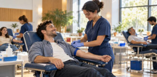 Γαλάτσι: Εθελοντική αιμοδοσία με ραντεβού στις 14 Οκτωβρίου Εθελοντής αιμοδότης σε οργανωμένη δημοτική αίθουσα με επαγγελματία υγείας