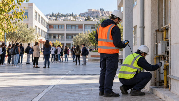 galatsi-grava-ekkenosi-elegchoi-20261003-0530-1920x1080-1 Τεχνικοί πραγματοποιούν έλεγχο με φορητό ανιχνευτή σε σχολικό συγκρότημα μετά από προληπτική εκκένωση