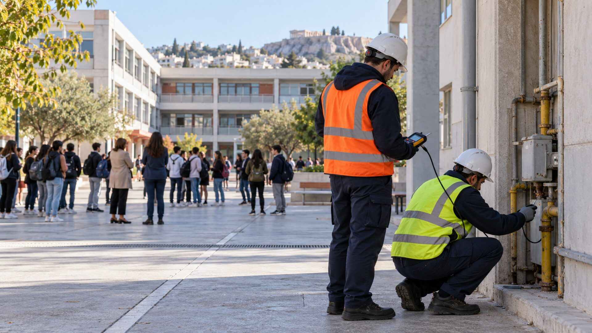 Τεχνικοί πραγματοποιούν έλεγχο με φορητό ανιχνευτή σε σχολικό συγκρότημα μετά από προληπτική εκκένωση