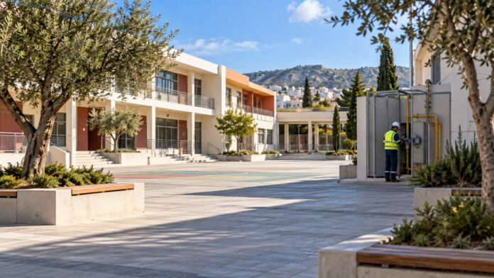 Σχολικό συγκρότημα με τεχνικό να ελέγχει τις εγκαταστάσεις φυσικού αερίου