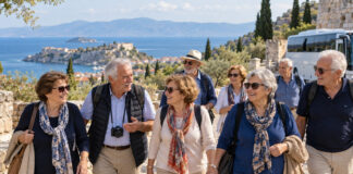Γαλάτσι: Τρεις εκδρομές για 350 μέλη των ΚΑΠΗ Παρέα μεγαλύτερων σε ηλικία εκδρομέων περπατά σε μεσογειακό προορισμό με θέα τη θάλασσα