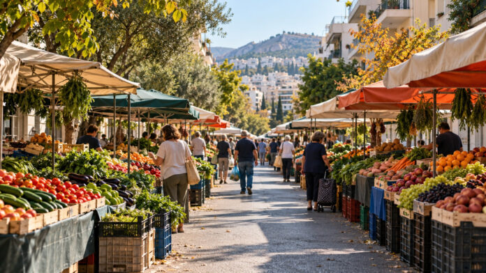 Υπαίθρια λαϊκή αγορά με πάγκους φρούτων και λαχανικών σε αστικό δρόμο