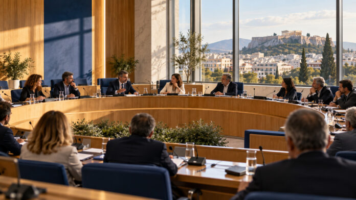 Συνεδρίαση δημοτικού συμβουλίου σε σύγχρονη αίθουσα με εκπροσώπους της τοπικής αυτοδιοίκησης