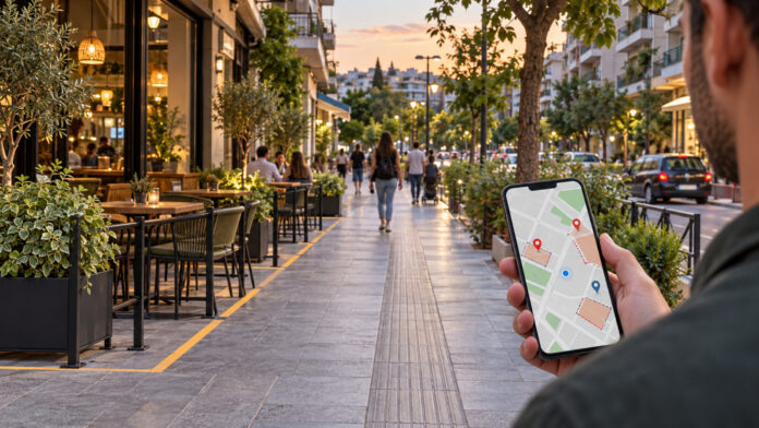 Πολίτης χρησιμοποιεί εφαρμογή χάρτη σε ελεύθερο και προσβάσιμο πεζοδρόμιο με οριοθετημένα τραπεζοκαθίσματα
