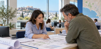 Γαλάτσι: Πώς υποβάλλονται αιτήσεις στην Πολεοδομία Πολίτης και υπάλληλος εξετάζουν πολεοδομικό σχέδιο σε σύγχρονο γραφείο εξυπηρέτησης