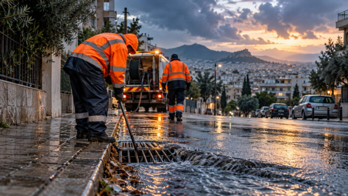 Δημοτικά συνεργεία ελέγχουν φρεάτιο σε βρεγμένο δρόμο πριν από έντονα καιρικά φαινόμενα