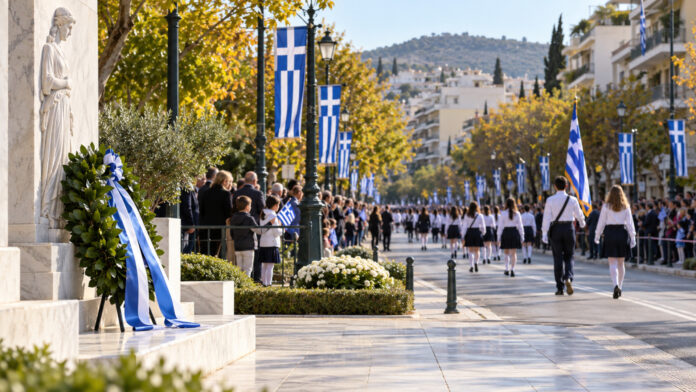Μαθητική παρέλαση σε λεωφόρο με ελληνικές σημαίες και στεφάνι σε μνημείο