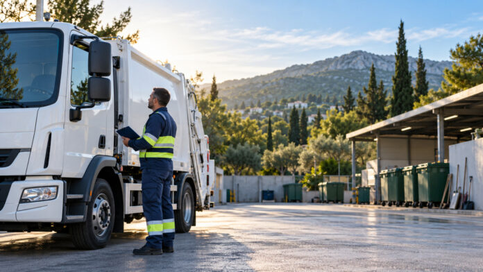 Δημοτικό όχημα υπηρεσίας και εργαζόμενος σε οργανωμένο χώρο επιχειρήσεων πεδίου με πράσινο στο βάθος