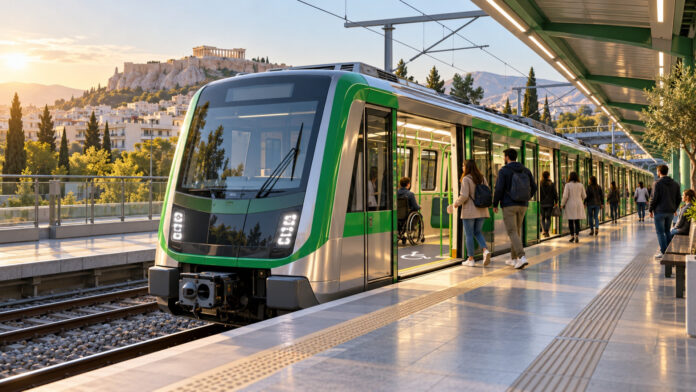 Ανακατασκευασμένος αστικός ηλεκτρικός συρμός σε σταθμό με επιβάτες και προσβάσιμη επιβίβαση