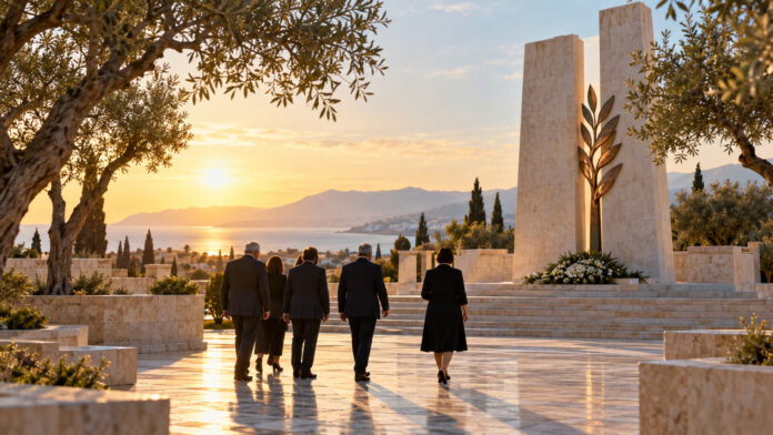 Θεσμική αντιπροσωπεία σε μεσογειακό μνημείο μνήμης με ελαιόδεντρα