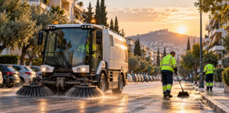 Ηράκλειο Αττικής: Καθαρισμός σε Μαρίνου Αντύπα, Παπαϊωάννου και Κηφισίας Δημοτικό σάρωθρο και εργαζόμενοι καθαριότητας σε αστική λεωφόρο νωρίς το πρωί