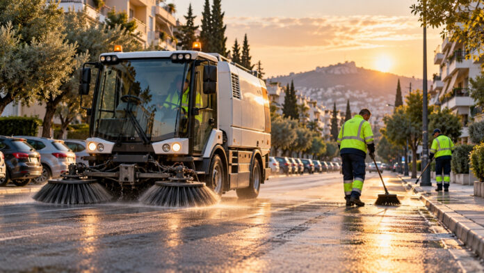 Δημοτικό σάρωθρο και εργαζόμενοι καθαριότητας σε αστική λεωφόρο νωρίς το πρωί