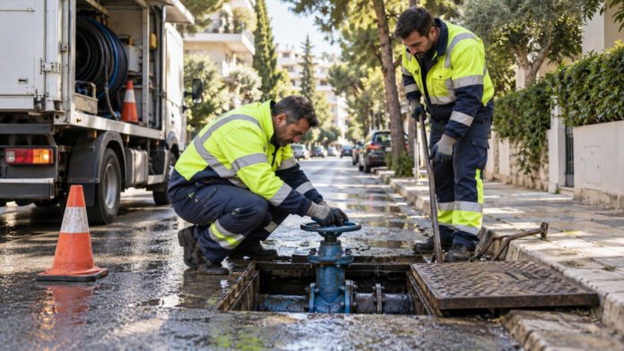 Συνεργείο ύδρευσης ελέγχει κεντρική βάνα σε δρόμο των βορείων προαστίων
