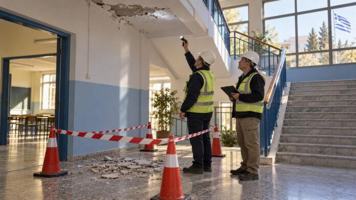 Κλιμάκιο τεχνικών ελέγχει φθορά οροφής σε σχολικό κλιμακοστάσιο