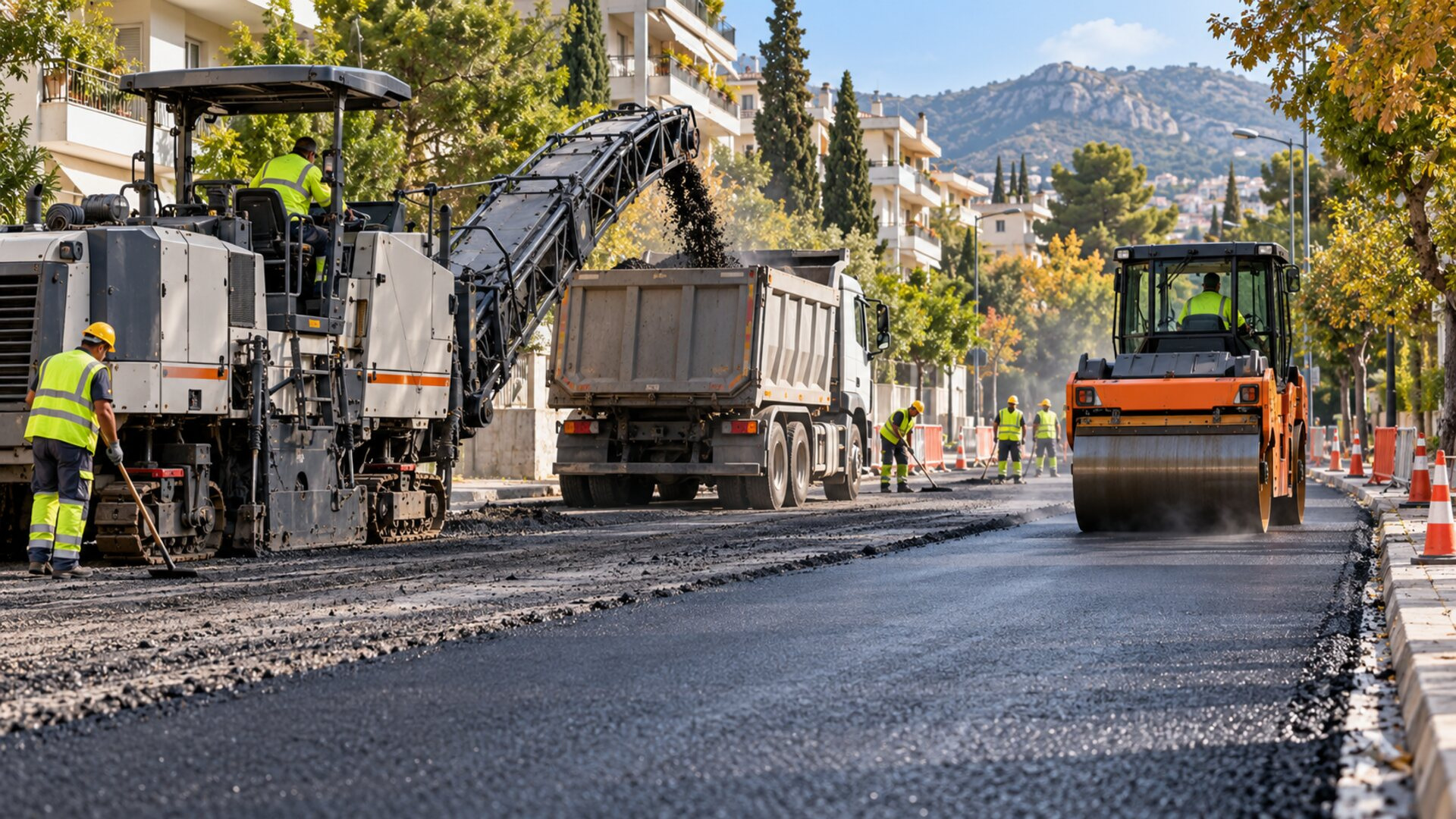 Συνεργεία ασφαλτόστρωσης με φρέζα και οδοστρωτήρα σε αστικό δρόμο