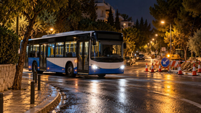 Νυχτερινό αστικό λεωφορείο περνά από προσωρινή εκτροπή λόγω οδικών έργων