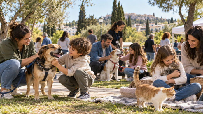 Οικογένειες και εθελοντές γνωρίζουν σκύλους και γάτες σε ημέρα υιοθεσίας σε αστικό πάρκο