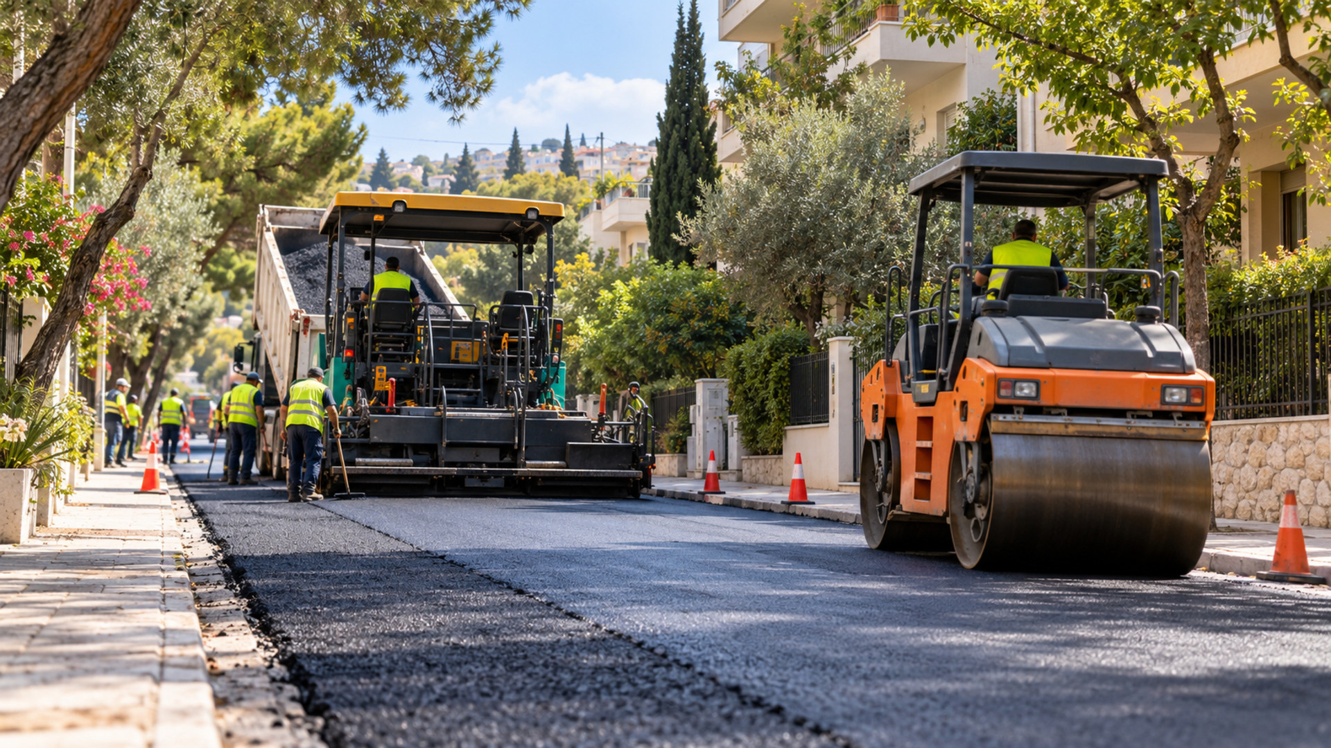 Εργασίες ασφαλτόστρωσης με οδοστρωτήρα σε κατοικημένο δρόμο