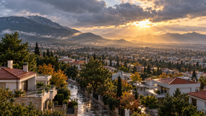Βροχερό πρωινό στα βόρεια προάστια με τον ουρανό να ανοίγει πάνω από την Αττική