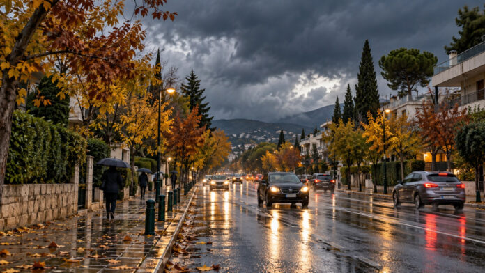 Βροχερή λεωφόρος στα βόρεια προάστια κάτω από πυκνά σύννεφα καταιγίδας