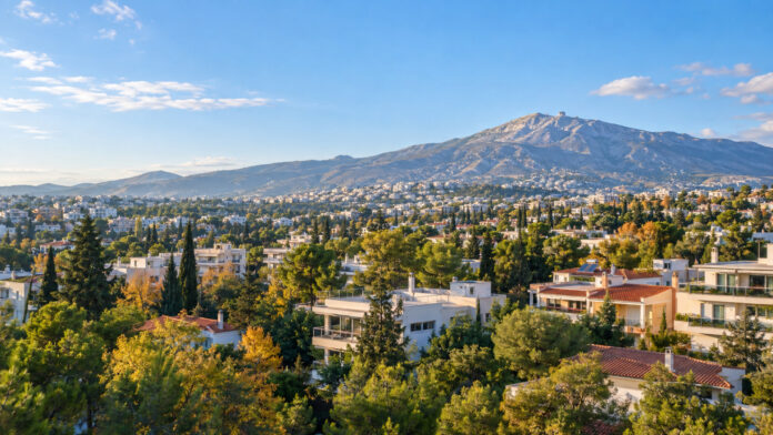 Ηλιόλουστη φθινοπωρινή θέα των πράσινων βορείων προαστίων της Αττικής με την Πεντέλη στο βάθος
