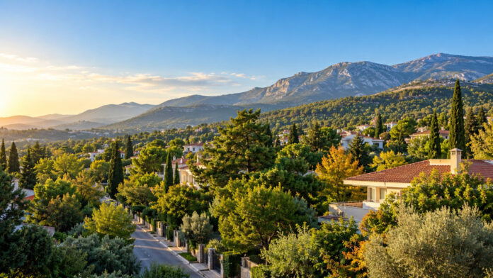 Ηλιόλουστο φθινοπωρινό πρωινό σε πράσινη περιοχή των βορείων προαστίων με λόφους στο βάθος