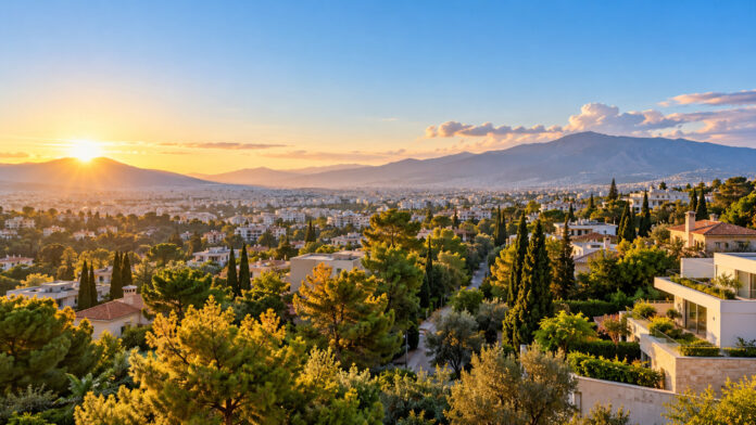 Ηλιόλουστο φθινοπωρινό πρωινό πάνω από τις πράσινες γειτονιές των βορείων προαστίων της Αττικής