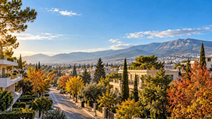 Ηλιόλουστο φθινοπωρινό πρωινό πάνω από τις πράσινες γειτονιές των βορείων προαστίων της Αττικής