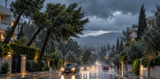 Καιρός στην Αττική: Βροχές, θυελλώδεις βοριάδες και κρύο στα βόρεια Βροχή και ισχυροί άνεμοι σε δενδροφυτεμένο δρόμο των βορείων προαστίων