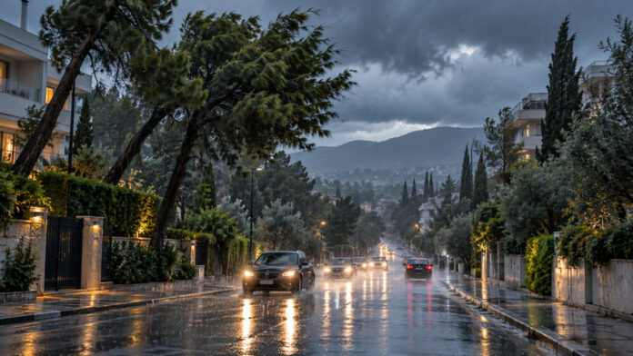 Βροχή και ισχυροί άνεμοι σε δενδροφυτεμένο δρόμο των βορείων προαστίων