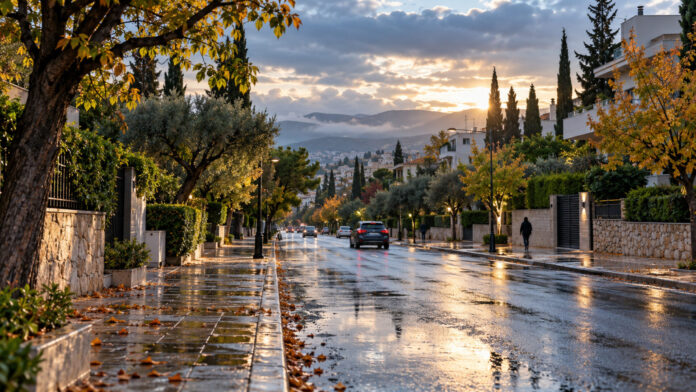 kairos-attiki-voreia-proastia-20261015-0700-1920x1080-1 Συννεφιασμένο φθινοπωρινό πρωινό με βρεγμένο δρόμο και πράσινο στα βόρεια προάστια
