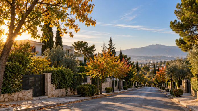 Ηλιόλουστο φθινοπωρινό πρωινό σε δεντροφυτεμένη γειτονιά των βορείων προαστίων της Αττικής